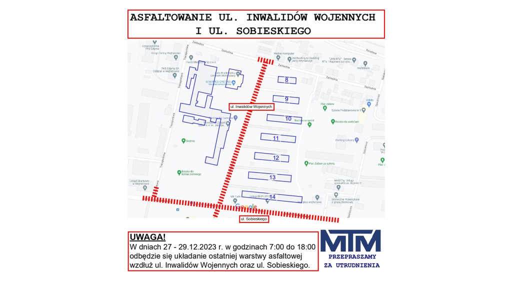 UWAGA! Asfaltowanie ul. Sobieskiego  i Inwalidów Wojennych